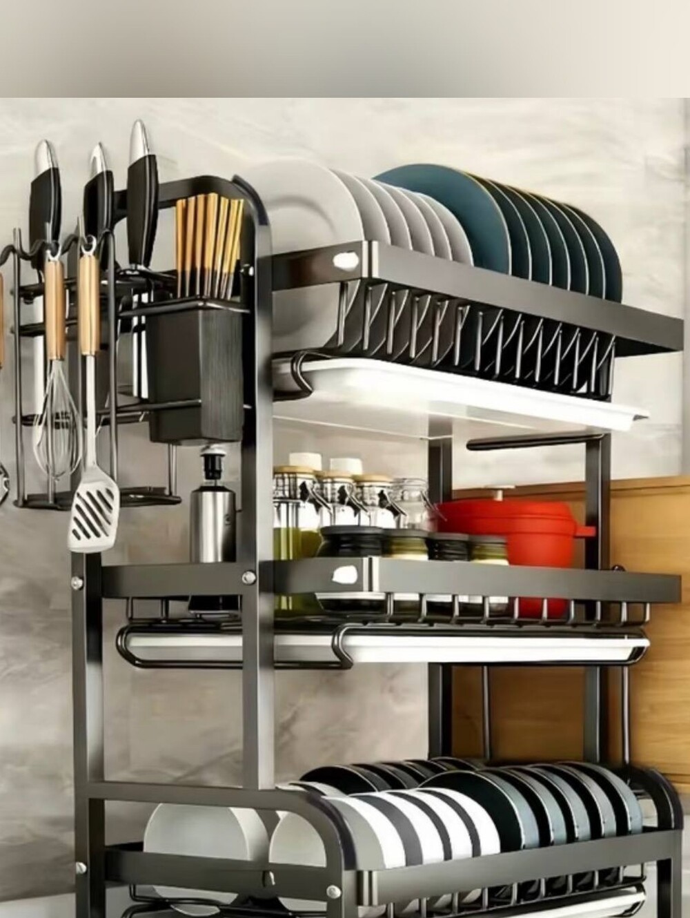 Black 3-Tier Kitchen Dish Rack with Utensil Holders